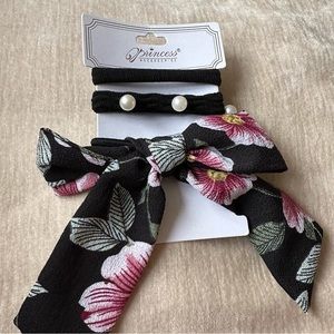 Women’s Set Of 3 Ponytail Holders Elastic Pearls Bow Black Brand New